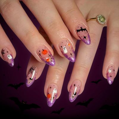 Halloween Press-On Nails, Medium Glittery Purple French Tip with Ghost Design, 24-Piece Set