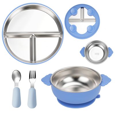 Baby Suction-Cup Plate Set with Stainless Steel Divided Plate, Bowl, Spoon and Fork
