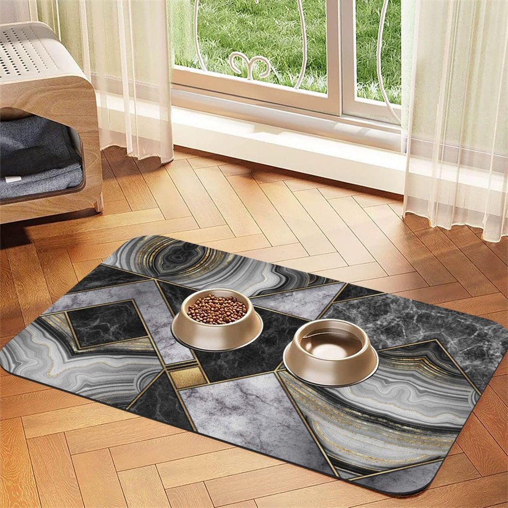 Black Marble-Texture Pet Food Mats, Gold-Colored, Non-Slip and Flavor-Neutral