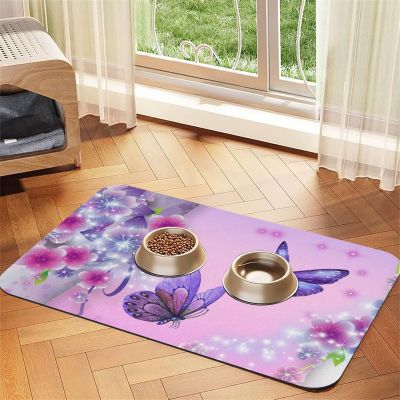 Purple Butterfly Printed Pet Bowl Mat, Non-Slip and Taste-Neutral, for Dogs and Cats