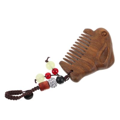 HONITANO Carved Sandalwood Pocket Comb with Cord, Vintage Chinese-Style