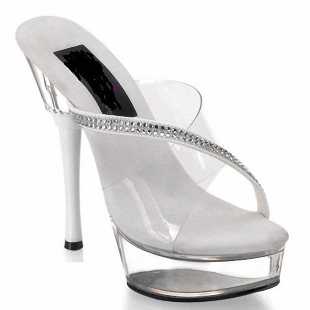 WOkismD 14 cm Clear Platform Heels for Women, Transparent Stiletto Mule Sandals, White, EU 45