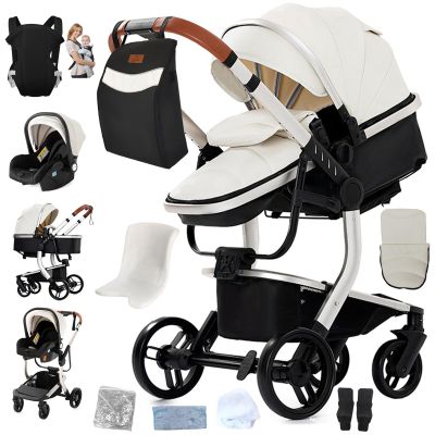 Magic ZC PU Leather 3-in-1 Stroller, Reversible Two-Way Travel System, Foldable Portable One-Click Design, Complete Set (L518 White)