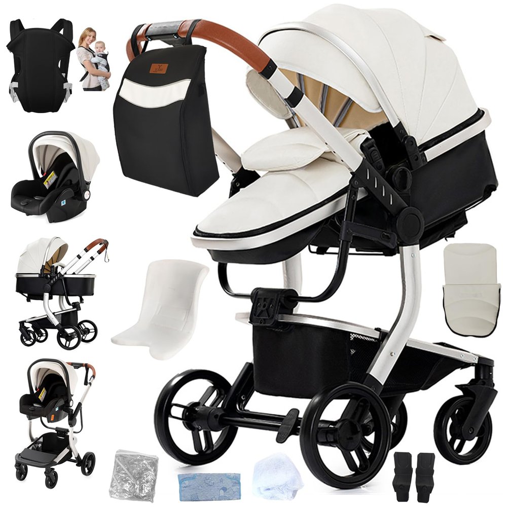 Magic ZC PU Leather 3-in-1 Stroller, Reversible Two-Way Travel System, Foldable Portable One-Click Design, Complete Set (L518 White)