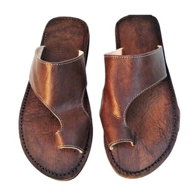 Men's Leather Sandals with Toe Ring and Bunion Correction, Casual Summer Flip-Flops with Square Toe and Fish-Mouth Footbed, for Flat Feet and Plantar Fasciitis (Coffee, EU 47)