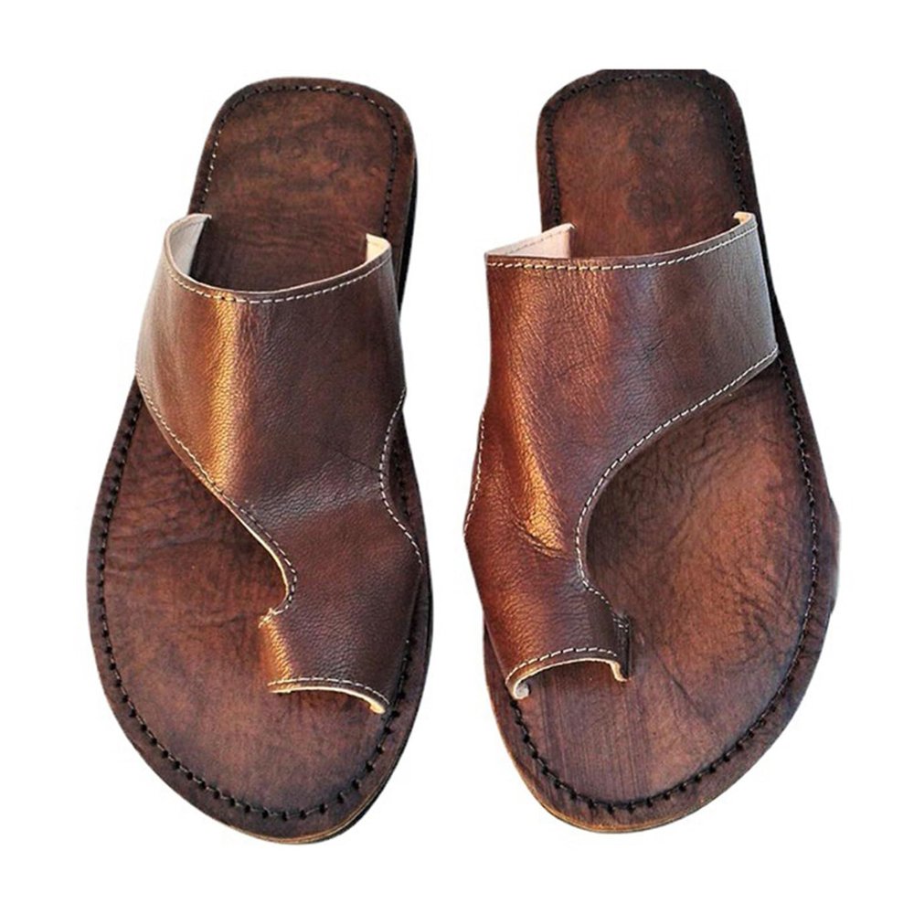 Men's Leather Sandals with Toe Ring and Bunion Correction, Casual Summer Flip-Flops with Square Toe and Fish-Mouth Footbed, for Flat Feet and Plantar Fasciitis (Coffee, EU 47)