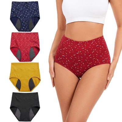 Period Underwear for Women, Heavy Flow, Cotton, Leakproof, High-Waisted Incontinence Briefs, 4-Pack, Black, Blue Floral, Red Floral, Yellow, M