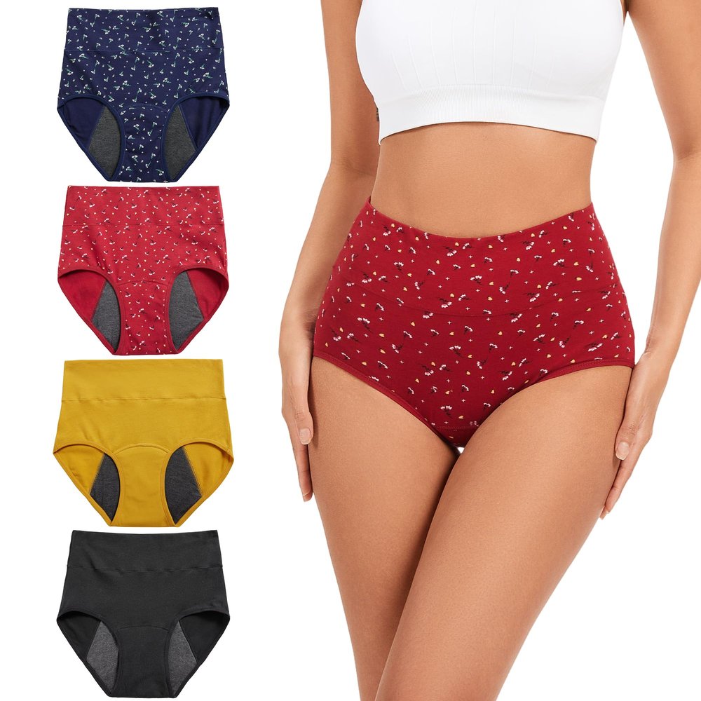 Period Underwear for Women, Heavy Flow, Cotton, Leakproof, High-Waisted Incontinence Briefs, 4-Pack, Black, Blue Floral, Red Floral, Yellow, M