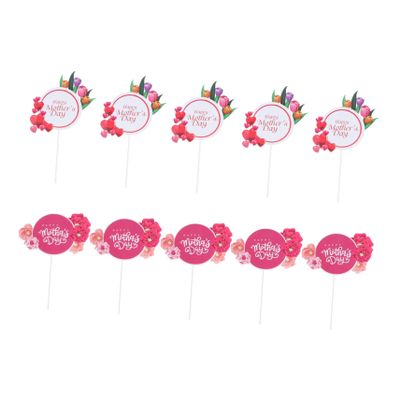 IMIKEYA 10-Piece Mother's Day Cake Toppers, Red Double-Layer Paper Decor with Roses and Hearts