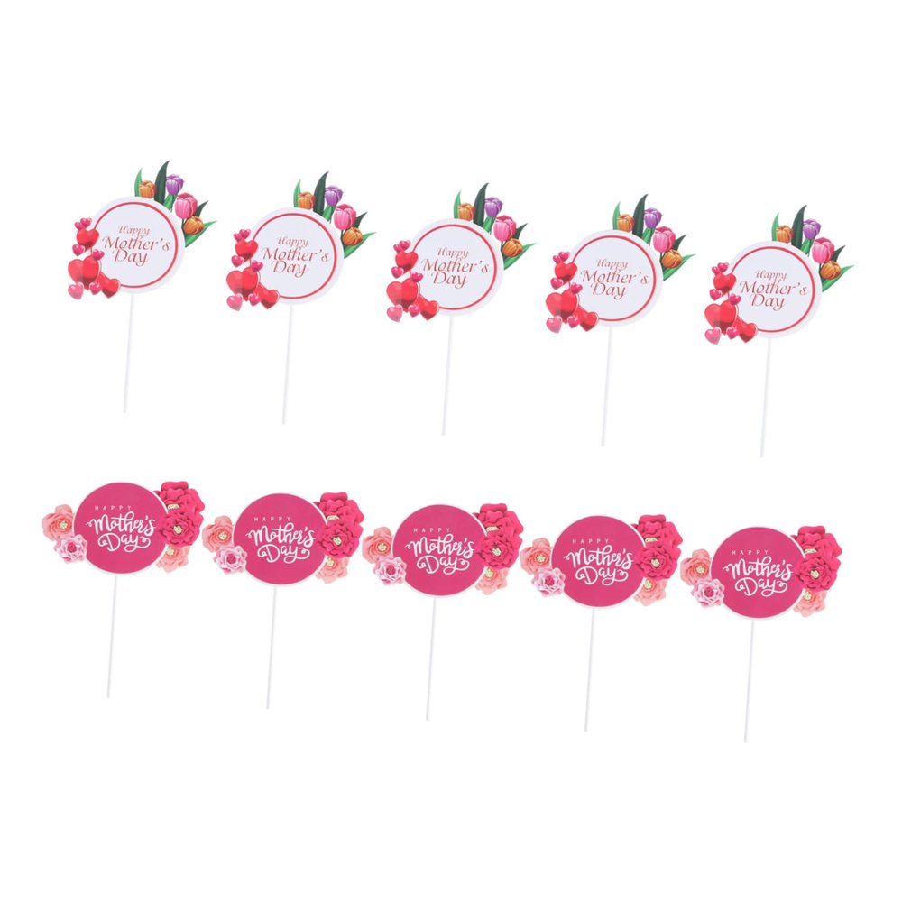 IMIKEYA 10-Piece Mother's Day Cake Toppers, Red Double-Layer Paper Decor with Roses and Hearts