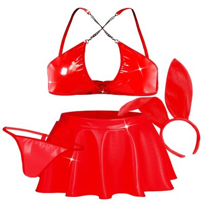 Ausing Women's Faux Leather Bunny Lingerie Set with Chain Bra, Thong and Headband