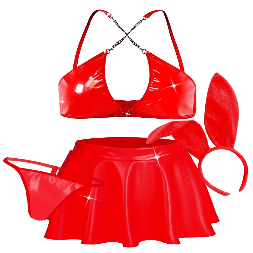 Ausing Women's Faux Leather Bunny Lingerie Set with Chain Bra, Thong and Headband