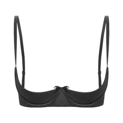 Agoky Women's Sexy Satin Open-Bust Balconette Push-Up Bra, Black, Size L