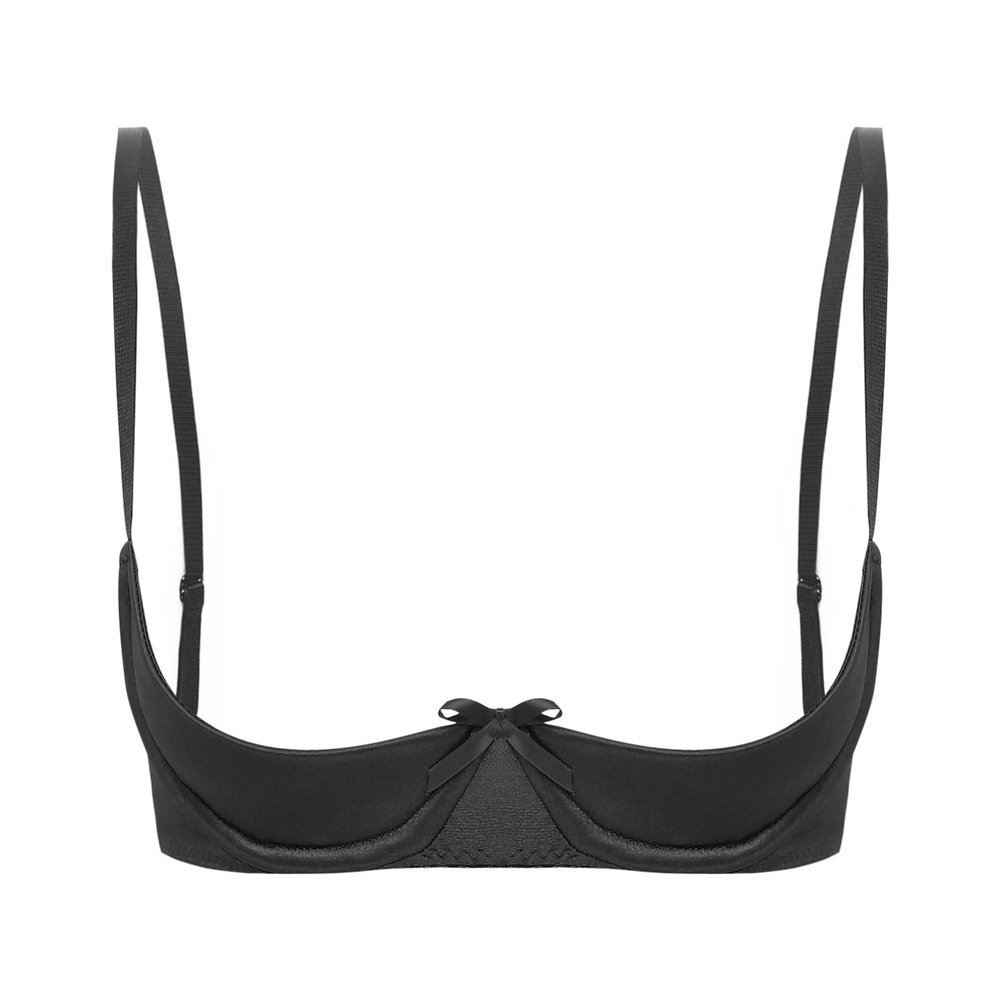 Agoky Women's Sexy Satin Open-Bust Balconette Push-Up Bra, Black, Size L