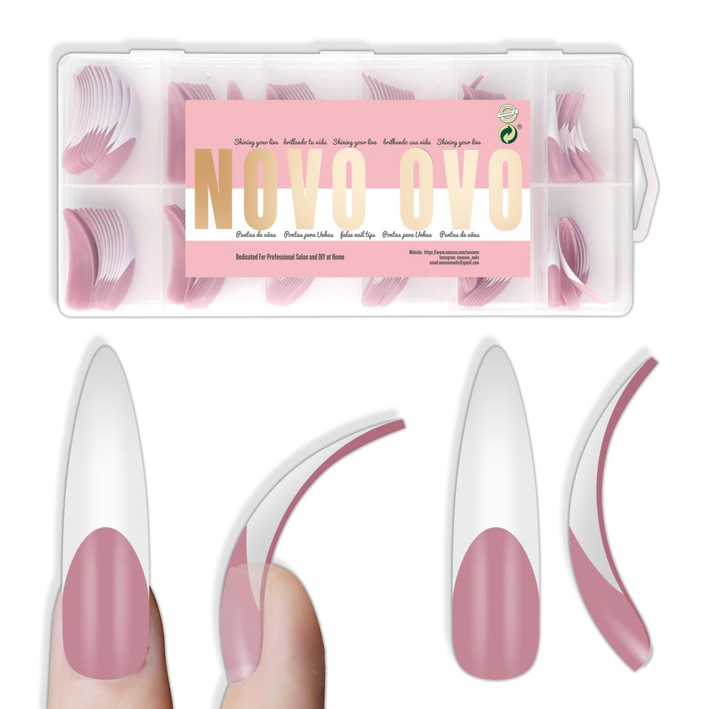 NOVO OVO XXL Curved Stiletto Almond Press-On Nail Tips, Berry Pink, Full Coverage, 144 Pieces