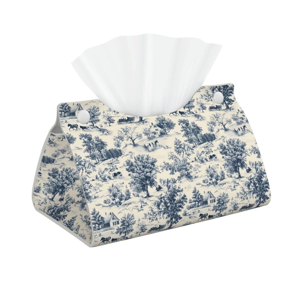 Foldable Tissue Box Cover with Vintage Village Pattern, PVC Leather Holder for Home, Office, Bathroom, Desk, Car, and Tabletop