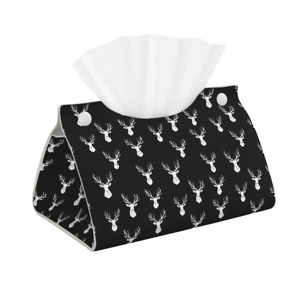 Tissue Box Cover, Cool White, Moose Print, Foldable PVC Leather, Modern Home Decor for Bathroom, Office, Desk, Car, and Tabletop