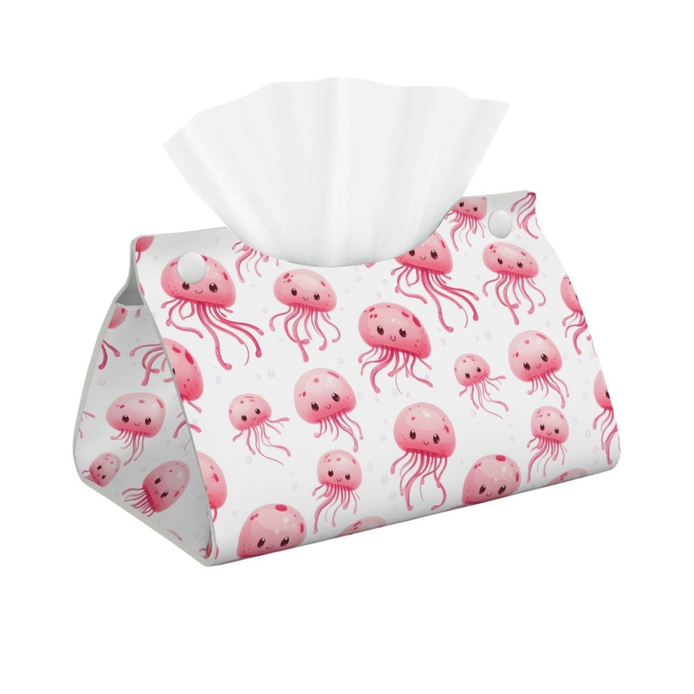 Foldable Tissue Box Cover with Cute Pink Jellyfish Print, PVC Leather, Long Holder for Home, Office, Car and Tabletop