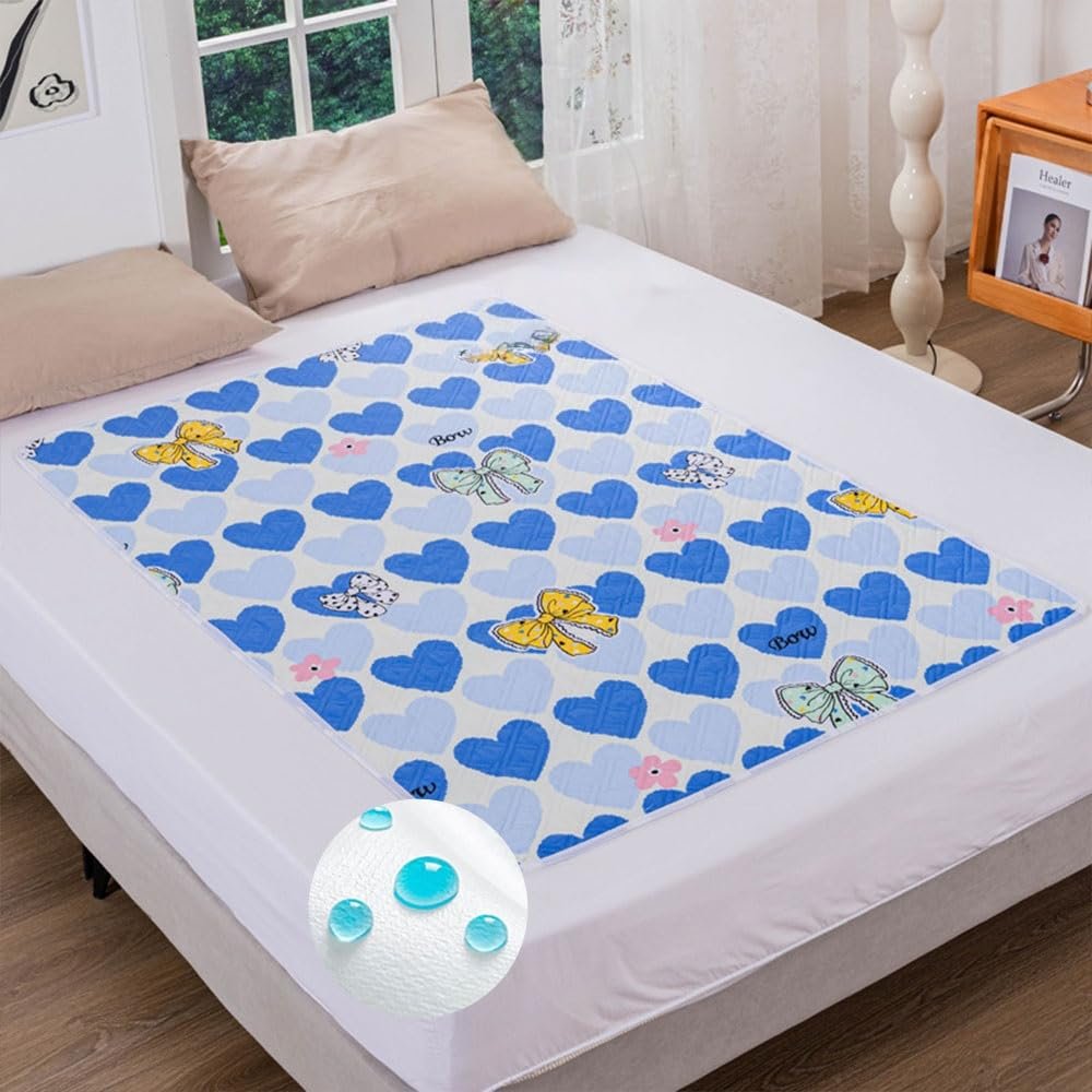 Hearda 2-Pack Washable Incontinence Underpads, Waterproof 4-Layer Mattress Protector, Blue Heart, 71 x 79 in