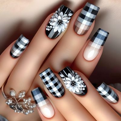 24 Medium Square Press-On Nails with French Tips, White Flowers and Checkerboard Design