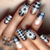 24 Medium Square Press-On Nails with French Tips, White Flowers and Checkerboard Design view 1
