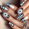 24 Medium Square Press-On Nails with French Tips, White Flowers and Checkerboard Design view 3