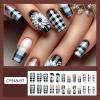 24 Medium Square Press-On Nails with French Tips, White Flowers and Checkerboard Design view 4