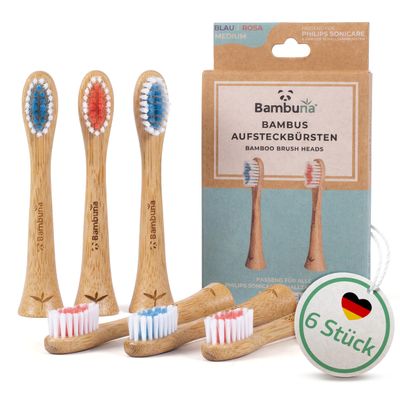 BAMBUNA Replacement Brush Heads Compatible with Philips Sonicare | Bamboo Toothbrush Heads | Medium | PLA Connector | Vegan | BPA-Free | Sustainable | 6-Pack | Blue/Pink