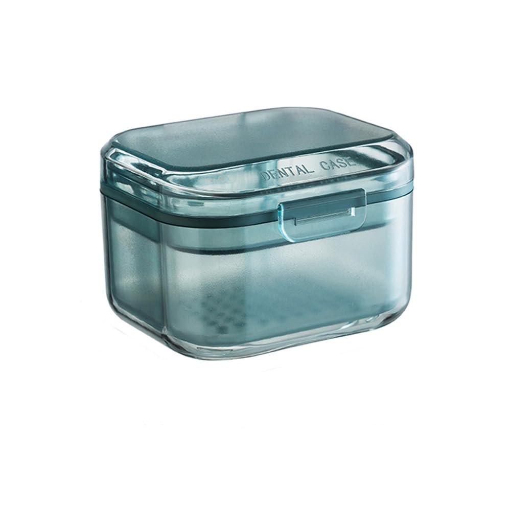 3-Piece Retainer Case with Strainer & Drain, Leakproof for Invisalign/Dentures (Portable, 12 × 8 cm), Includes Cleaning Case (Blue, 3-Pack)