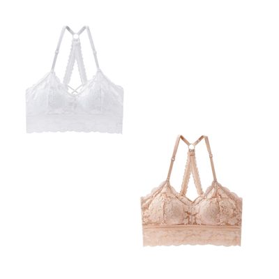Maiclaice 2-Pack Women's Lace Wireless Bralette with Padding, Nude/White, Medium