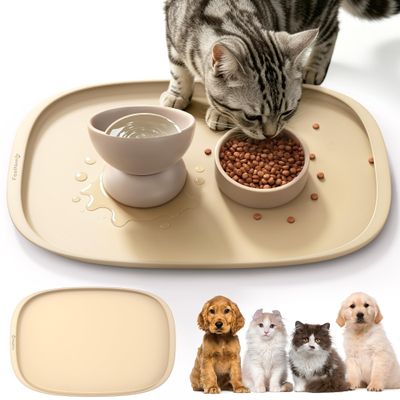 FEELNEEDY Dog Bowl Mat, Non-Slip Silicone Mat with Raised Edge, Anti-Leak, Easy to Clean (45x30cm, Beige)