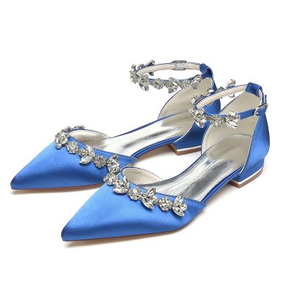 TFDRSEXVD Women's Satin Ballet Flats with Pointed Toe and Rhinestones for Weddings, Evening Events and Prom, Royal Blue, Size 39