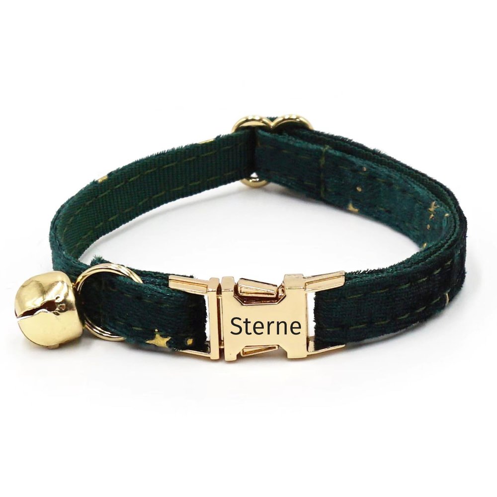 Soft Faux Velvet Cat Collar, Custom Cat Tags, Neck 16–32 cm (Green Stars)