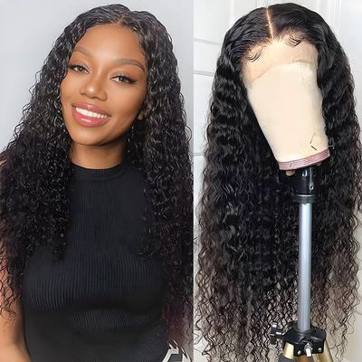 Brazilian Human Hair Lace Front Wig, Deep Wave, 180% Density, 13 x 4, Curly, Natural Black