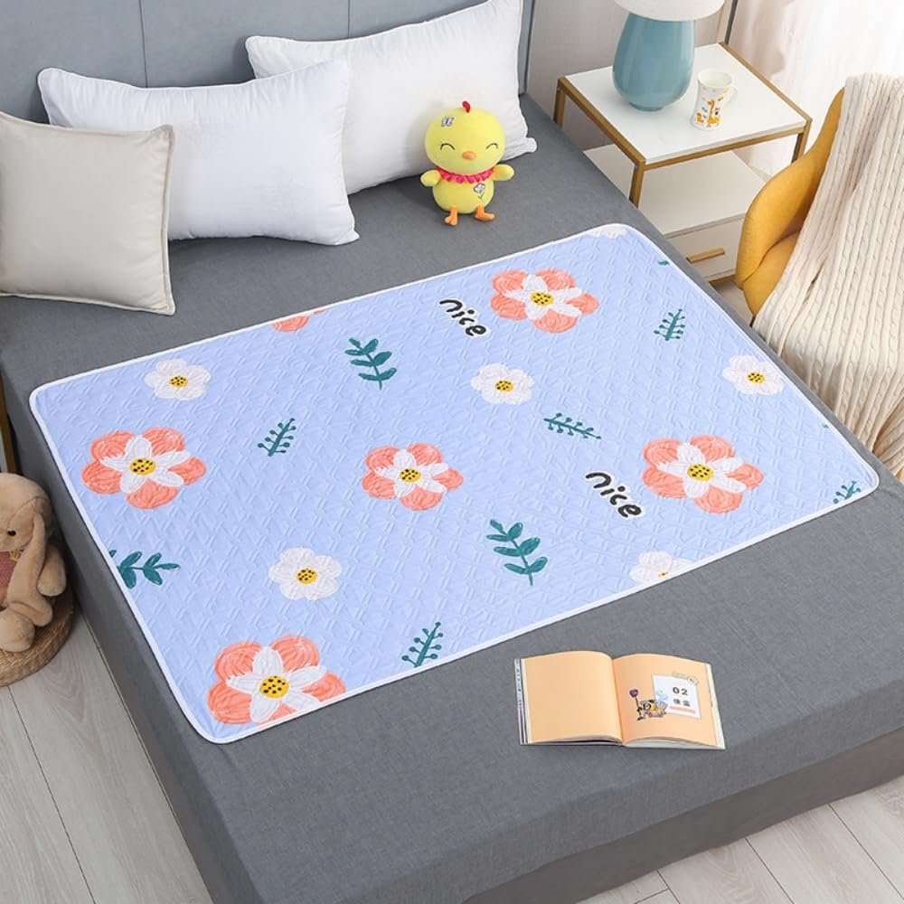 Morbuy Washable Waterproof Incontinence Bed Pad, Non-Slip, Breathable, Soft, Blue Flowers, 115 x 200 cm