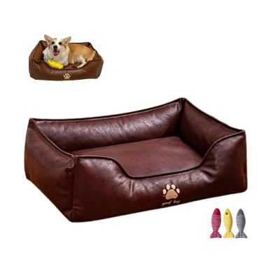 CHUANYGU Faux Leather Pet Sofa for Small Dogs and Cats, Removable Cushion with Non-Slip Bottom, Supportive Furniture-Style Bed (Brown, M)