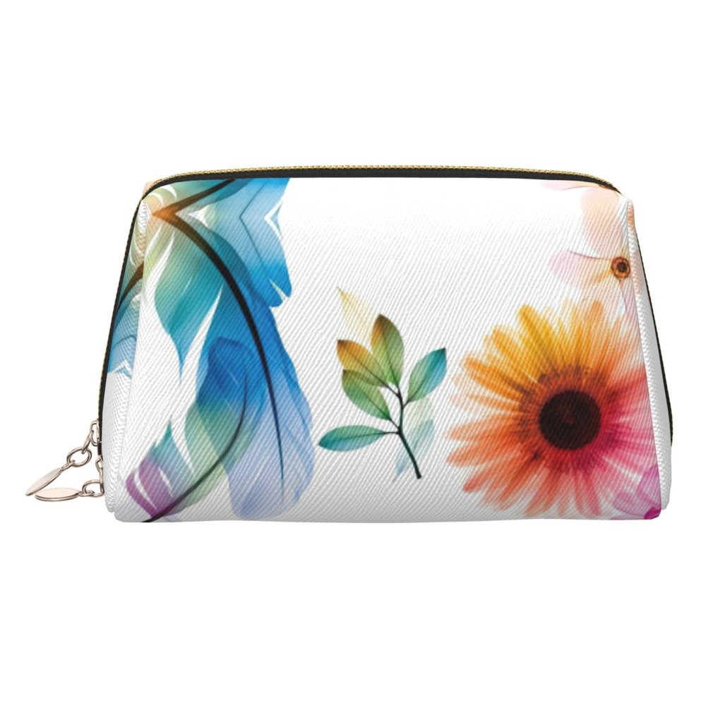 Leather Makeup Bag with Flower Petals, Cosmetic Pouch, Travel Organizer