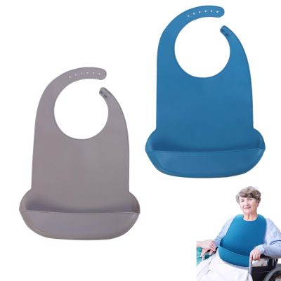 RPHONGHONG 2-Pack Silicone Adult Bibs with Catch Pockets, Gray and Blue