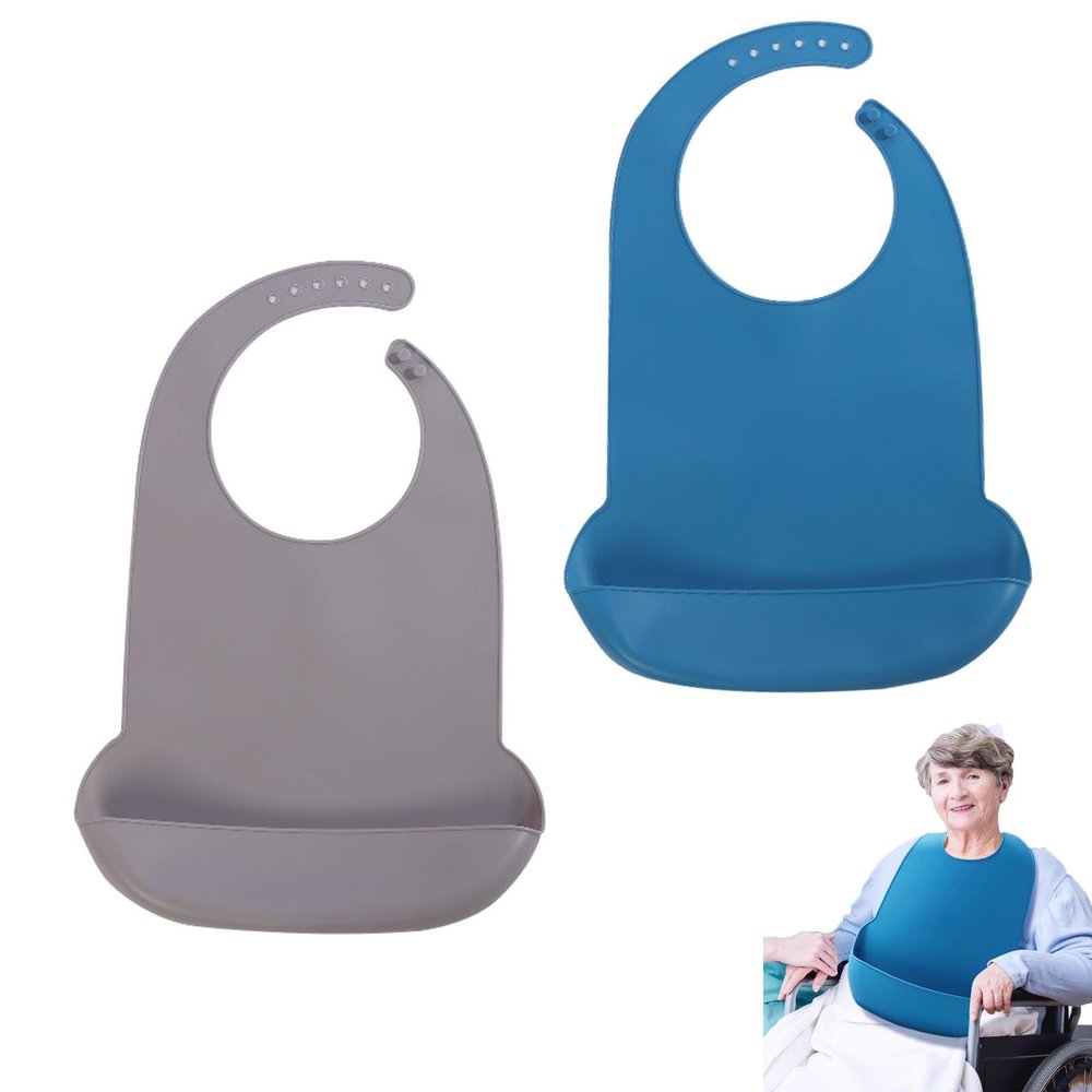 RPHONGHONG 2-Pack Silicone Adult Bibs with Catch Pockets, Gray and Blue