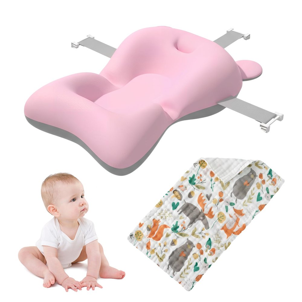 Adjustable Baby Bath Pillow and Tub Insert with Muslin Cloth