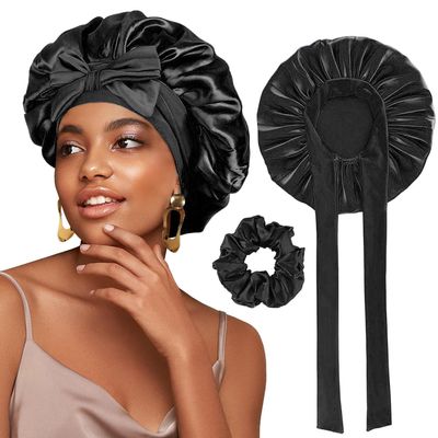 FOLAI 1 Satin Sleep Bonnet for Women, Adjustable, Black, Large