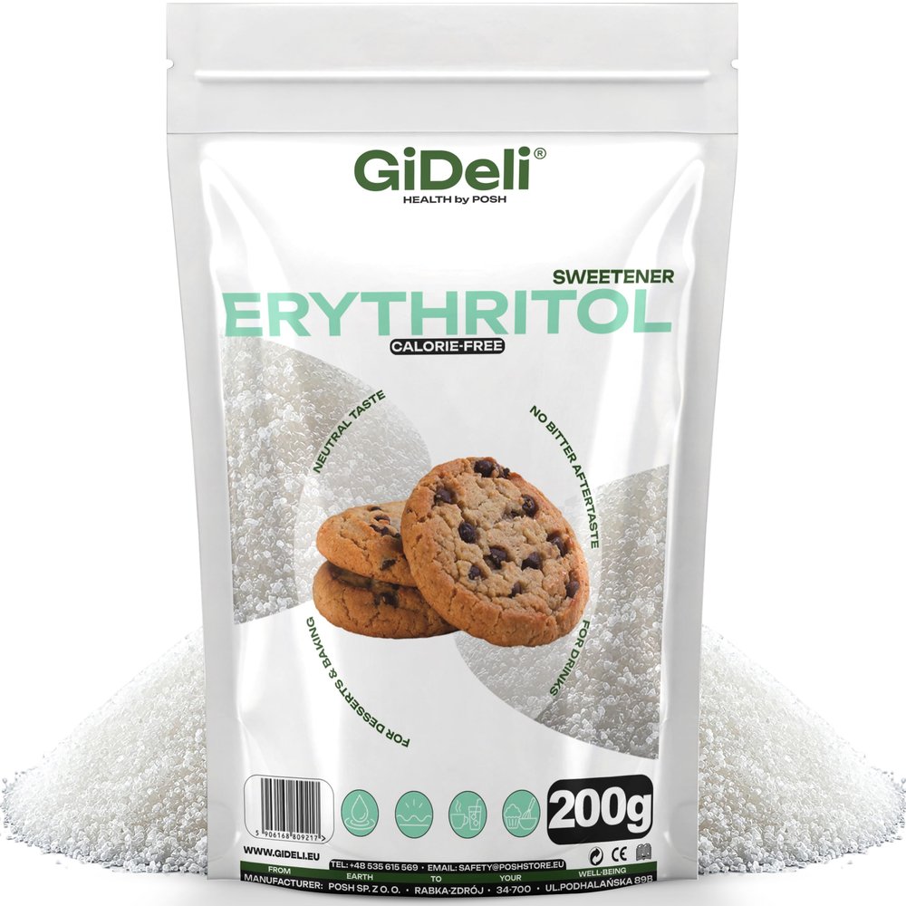 GiDeli Erythritol 200 g in Doypack – Zero-Calorie Sugar Substitute, Low Glycemic Index, Natural Sugar Taste