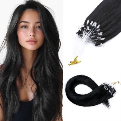 MY-LADY Micro Ring Human Hair Extensions, Black/Balayage, Straight, 40 cm, 50 g, 1 g Each (#01)
