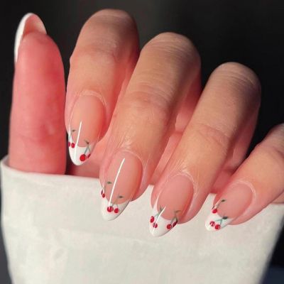 Viugex 24-Piece Press-On Nails, Medium Almond, Nude Pink with Cherry Design and French Tips