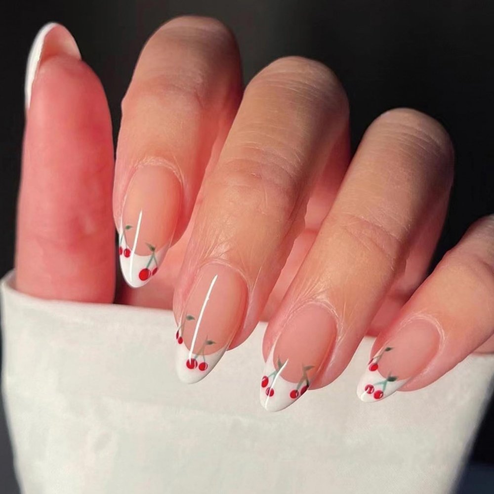 Viugex 24-Piece Press-On Nails, Medium Almond, Nude Pink with Cherry Design and French Tips