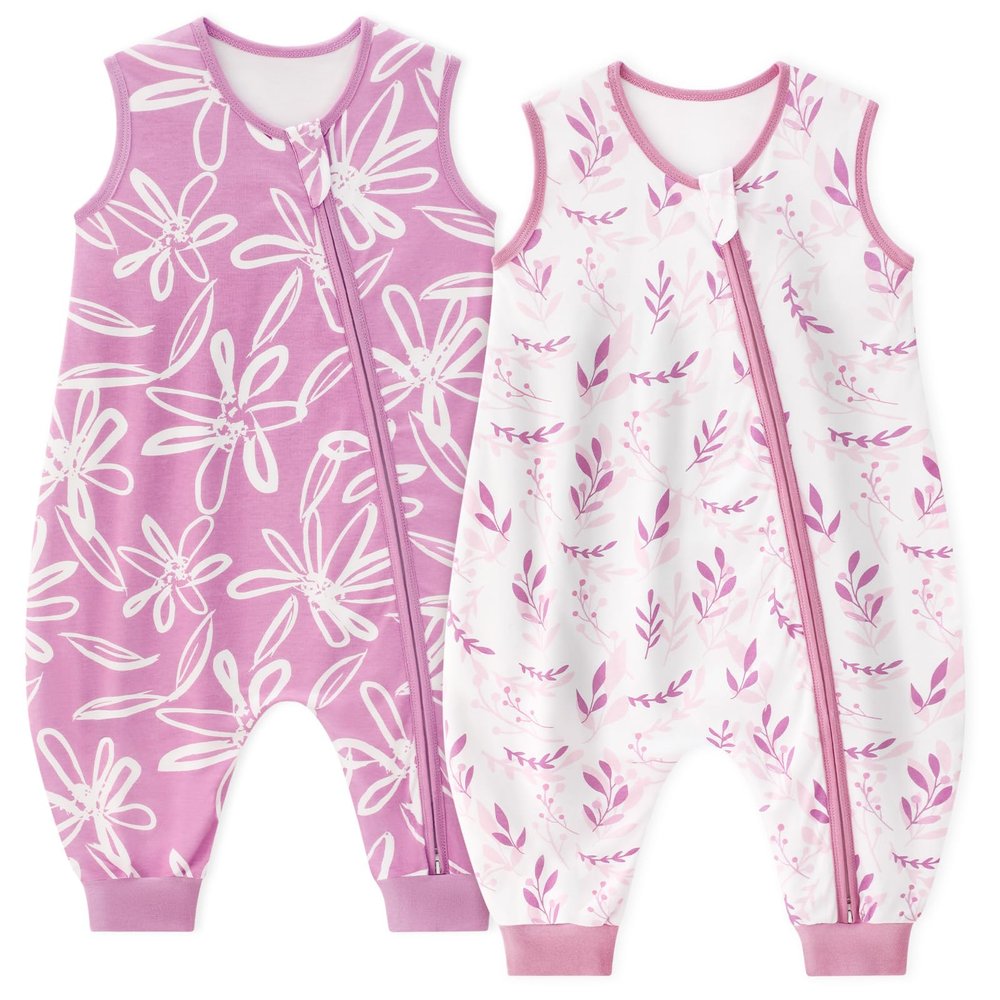 Unnivoll Baby Sleeping Bag with Feet, 1.0 TOG, 2-Pack, Cotton, 100 cm, Purple Leaf