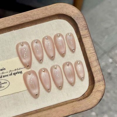 Handmade Press-On Nails, Glossy Milky Pink Oval Nails, French Design, Medium Almond Fake Nails for Women, Reusable & Natural (2756 L, L)