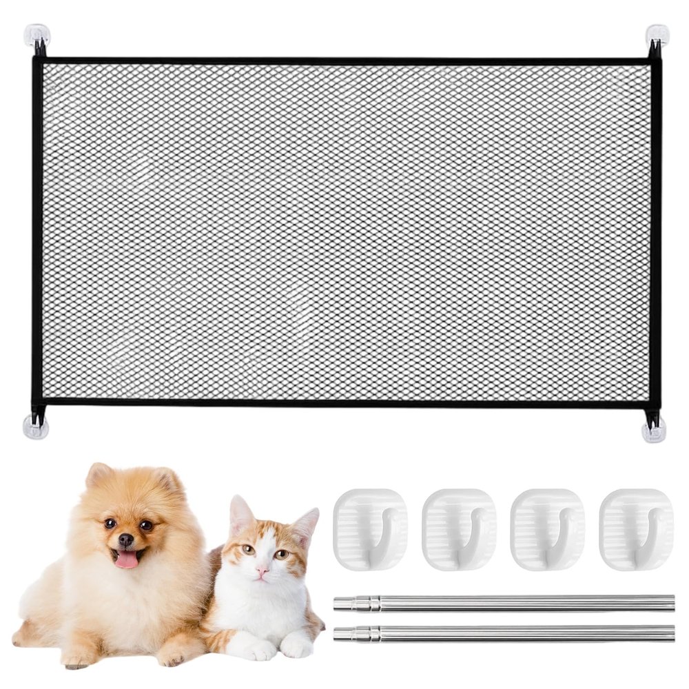 No-Drill Door Safety Gate, 110 x 72 cm, Dog, Stair, and Pet Gate, Black, with 4 Hooks and 2 Rods