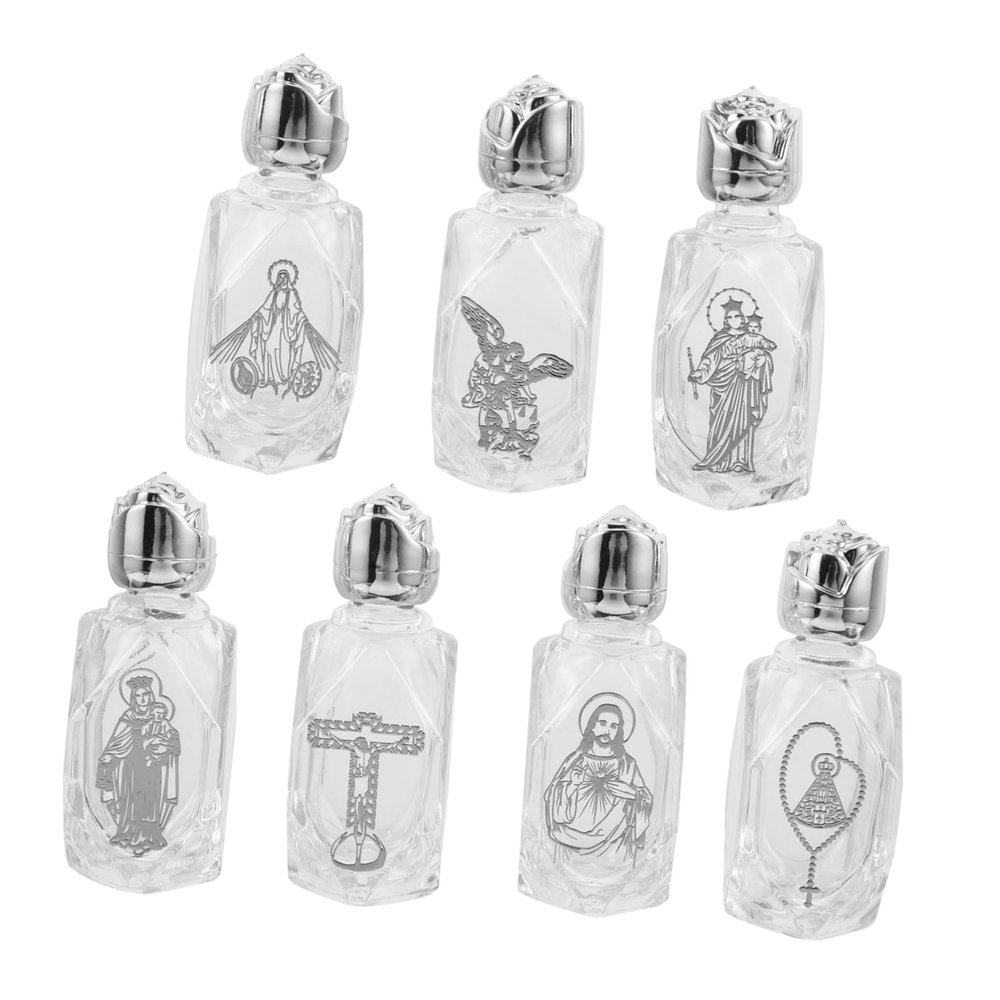 SHERCHPRY 7-Piece Glass Holy Water Bottles with Screw Caps, Religious Design
