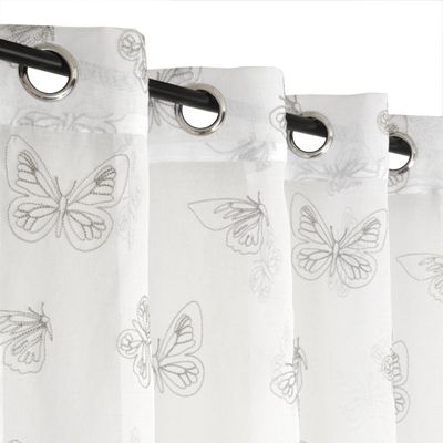 Atout Ciel Embroidered Butterfly Curtain with Grommets, 140 x 240 cm, White/Gray